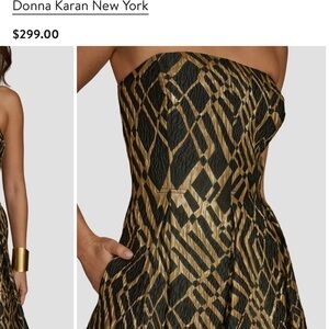 Donna Karan Black and Gold Strapless Jacquard Dress